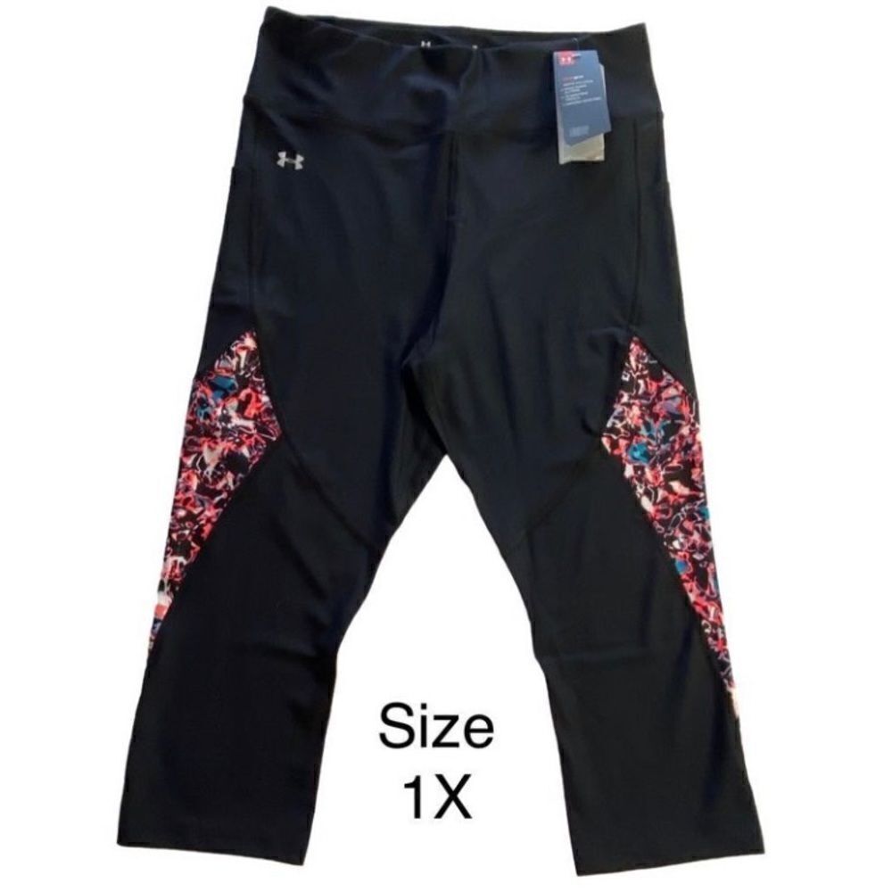 UNDER ARMOUR 1X Women’s Heat Gear Capri Leggings Black with Multi-Color Print